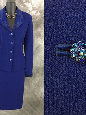 BEAUTIFUL st john evening knit Blue multi embellished skirt suit 12